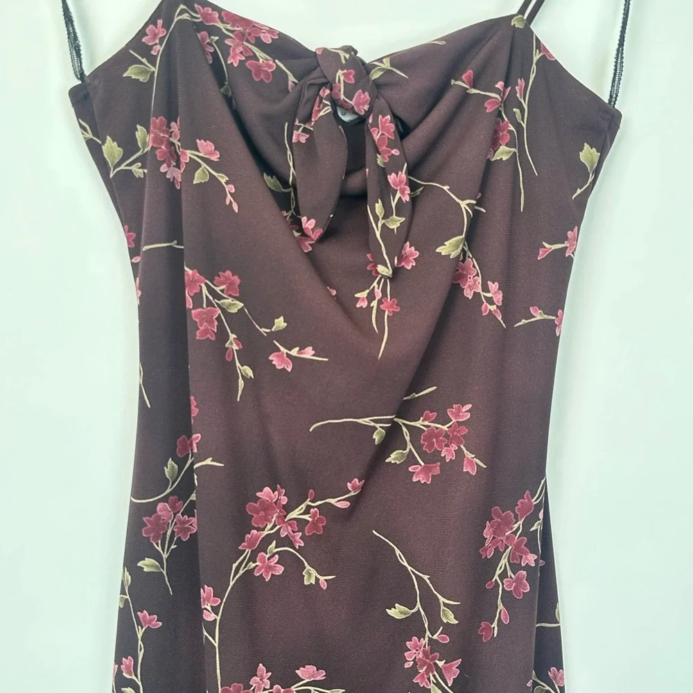 Vintage Y2k Teeze Me Deep Burgundy Dainty Pink Floral Fitted Dress - Picture 4 of 14